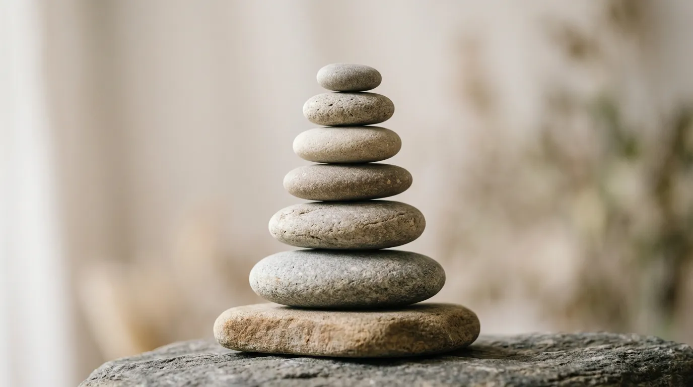 Smooth stacked stones balanced in perfect equilibrium against a soft neutral background, representing inner balance and harmony, serene and meditative