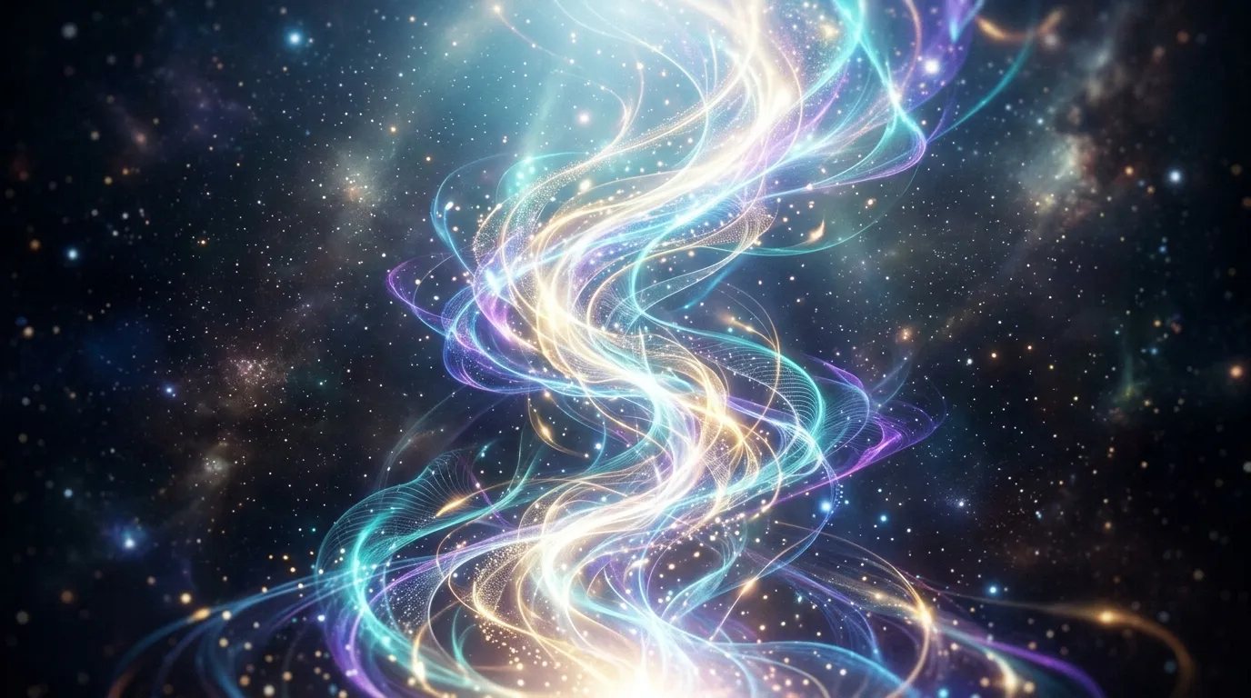Abstract visualization of light and energy flowing upward, ethereal spiritual energy, glowing aura-like patterns