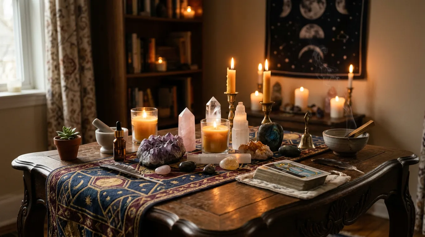 Soft candlelit energy reading space with crystals and spiritual objects arranged thoughtfully on a table, calm ethereal lighting