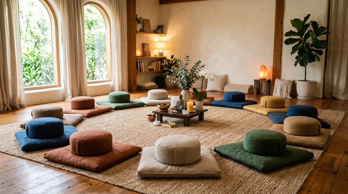 Circle of meditation cushions arranged in a healing space with soft ambient lighting and spiritual atmosphere, empty and inviting