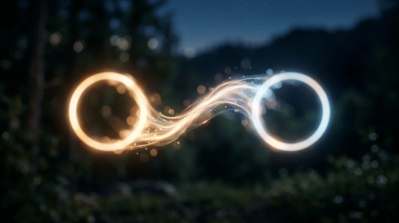 Two circles of light connected by glowing energy in soft focus, representing harmony and connection, serene and intimate